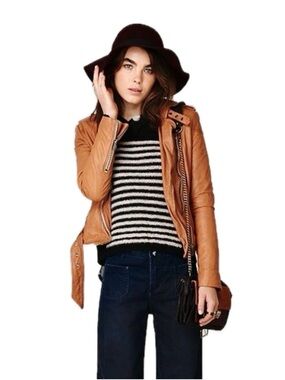 Free People Leather Muubaa Asha Jacket Lambskin Motorcycle Biker Tan Fitted  4